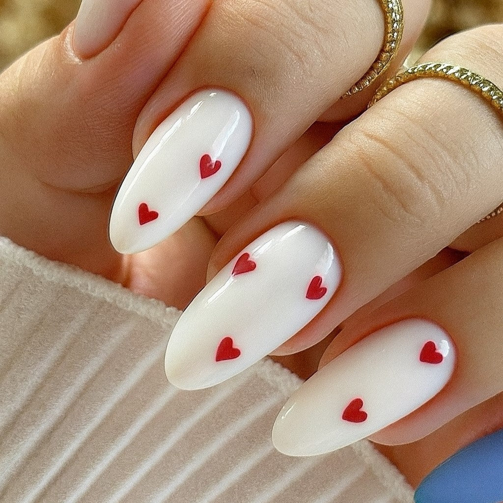 24-Piece White Heart Almond Press-On Nails – Glossy French Style False Nails with Red Heart Design | Reusable Stick-On Nail Set