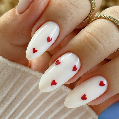 24-Piece White Heart Almond Press-On Nails – Glossy French Style False Nails with Red Heart Design | Reusable Stick-On Nail Set