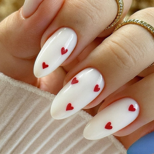 24-Piece White Heart Almond Press-On Nails – Glossy French Style False Nails with Red Heart Design | Reusable Stick-On Nail Set