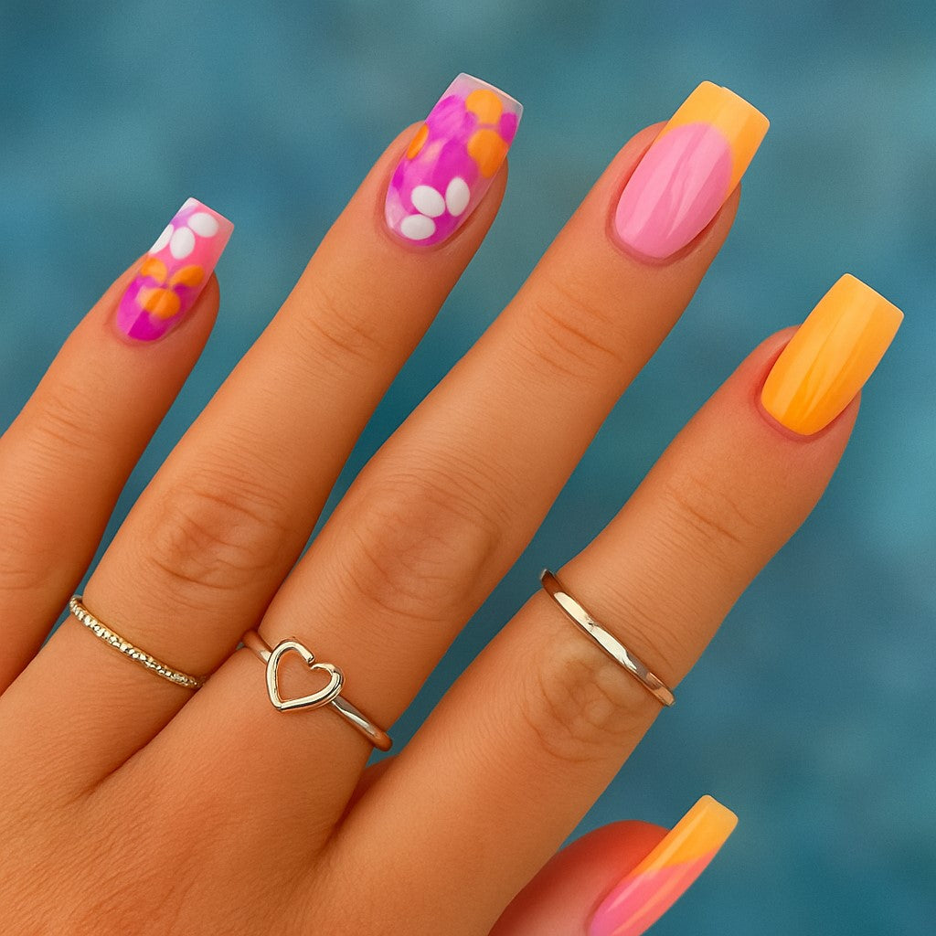 Sunset Bloom Square Press-On Nails – 24 Piece Glossy Floral Summer Set