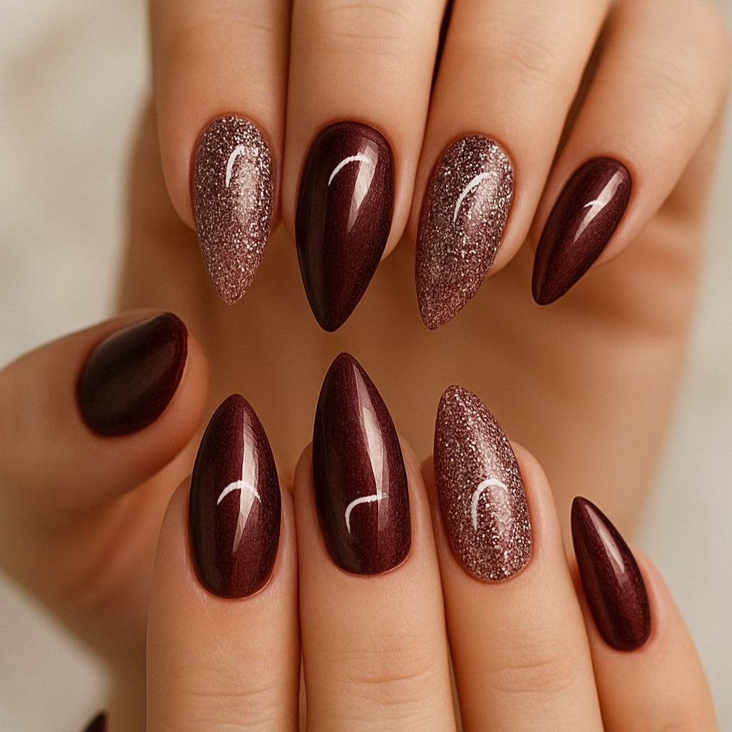 Espresso Spark Almond Press-On Nails – 24 Piece Glossy Glitter Brown Set
