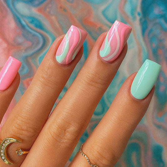 Cotton Candy Swirl Square Press-On Nails – 24 Piece Pastel Pink & Mint Set