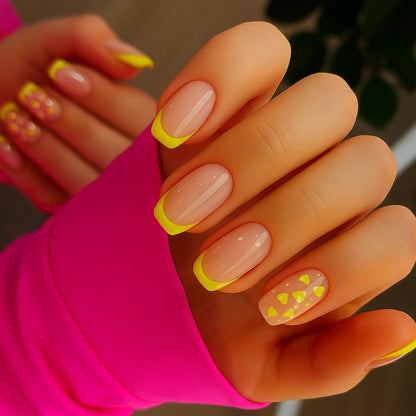 Neon Yellow French Tip Square Press-On Nails – Glossy Nude Summer Heart Nail Set (Set of 24)