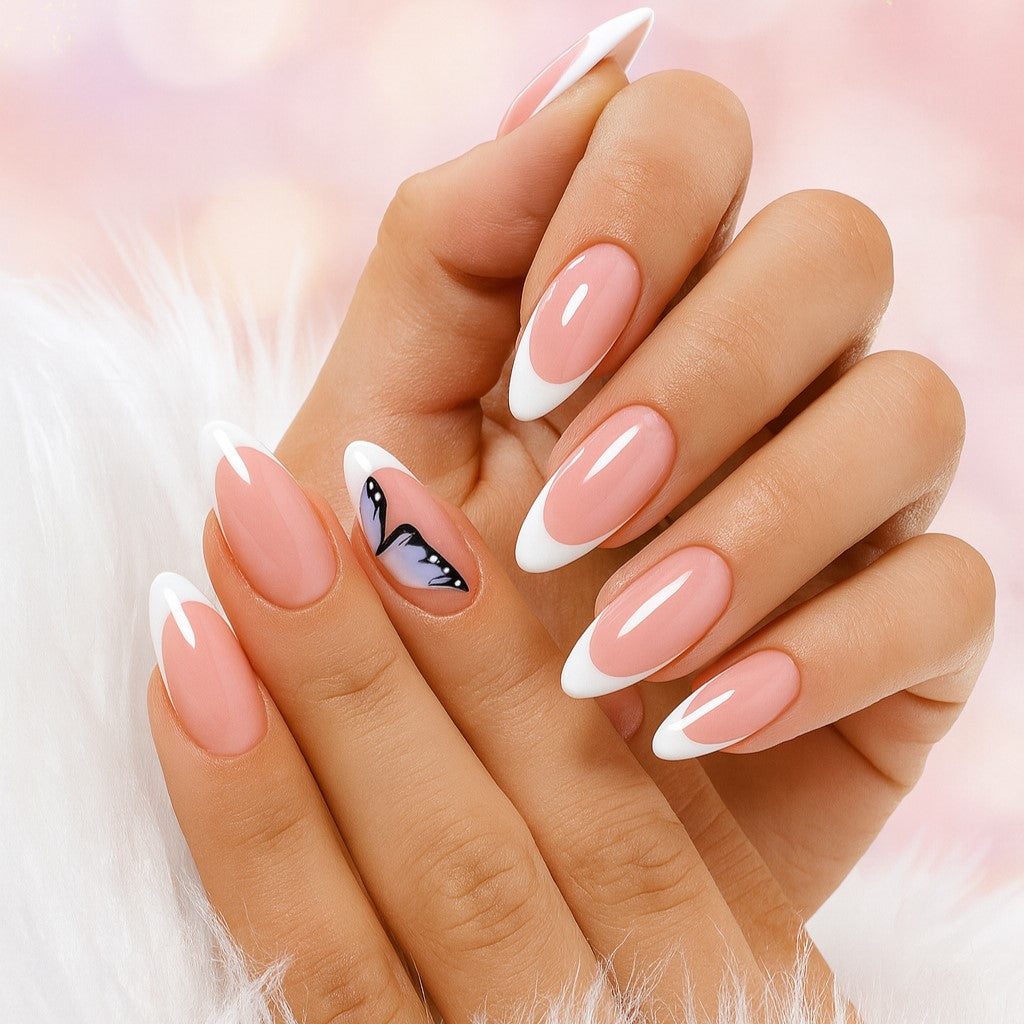 Butterfly Bliss French Almond Press-On Nails – 24 Piece Glossy Pink & White Set