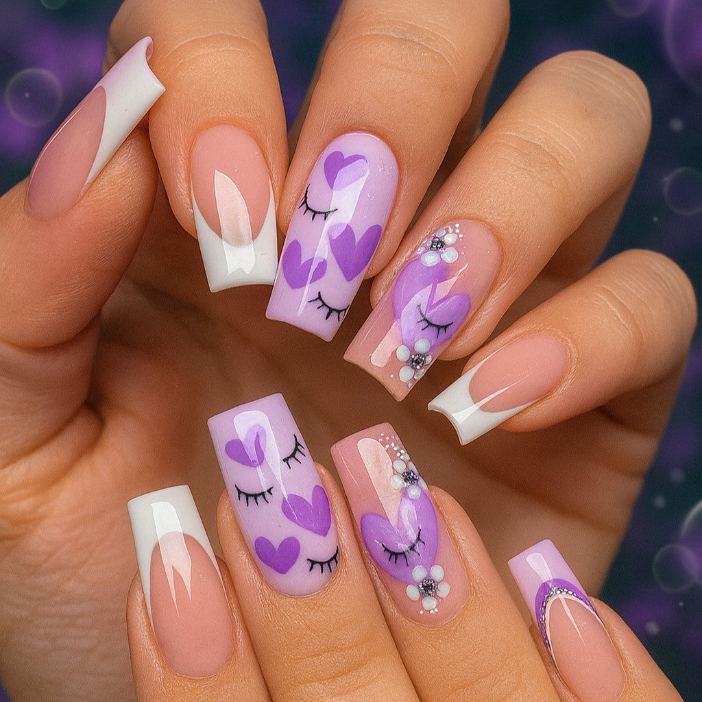 Lavender Love Square Press-On Nails – 24 Piece Purple Heart French Tip Nail Set