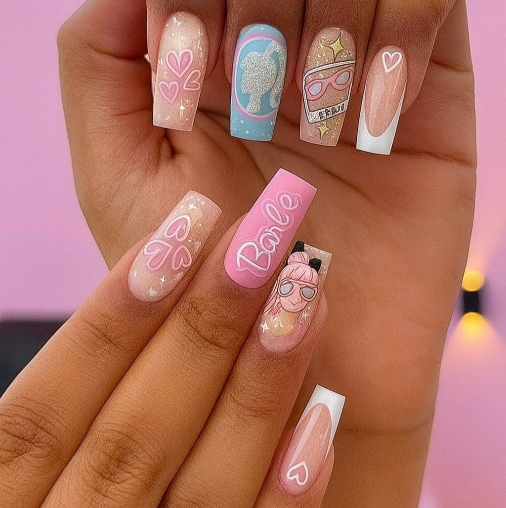 Barbie-Inspired Pink Square Press-On Nails – Cute Heart, French Tip & Fashion Doll Nail Set (Set of 24)