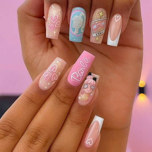 Barbie-Inspired Pink Square Press-On Nails – Cute Heart, French Tip & Fashion Doll Nail Set (Set of 24)