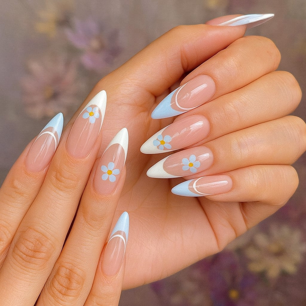 Sky Blue Daisy French Tip Press-On Nails – 24 Piece Glossy Stiletto Nail Set