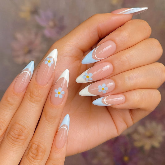 Sky Blue Daisy French Tip Press-On Nails – 24 Piece Glossy Stiletto Nail Set