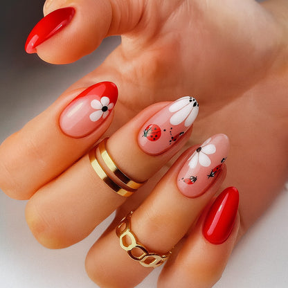 Red Floral Almond Press-On Nails – Glossy Ladybug & Daisy Spring Nail Set (Set of 24)