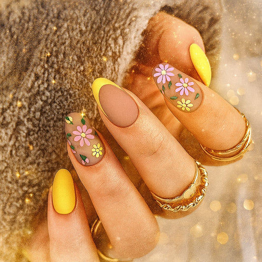 Matte Yellow Floral Almond Press-On Nails – Daisy French Tip Spring Nail Set(Set of 24)