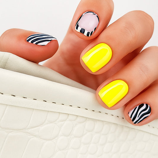 Neon Yellow Zebra Square Press-On Nails – Glossy Animal Print Nail Set (Set of 24)
