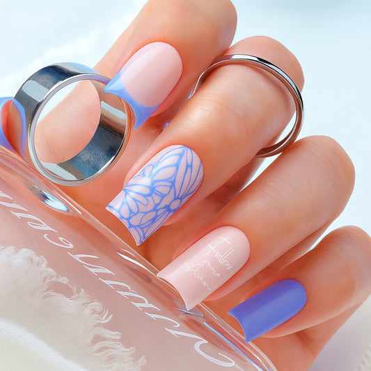 Blue Butterfly Square Press-On Nails – Pastel French Tip & Floral Nail Set (Set of 24)