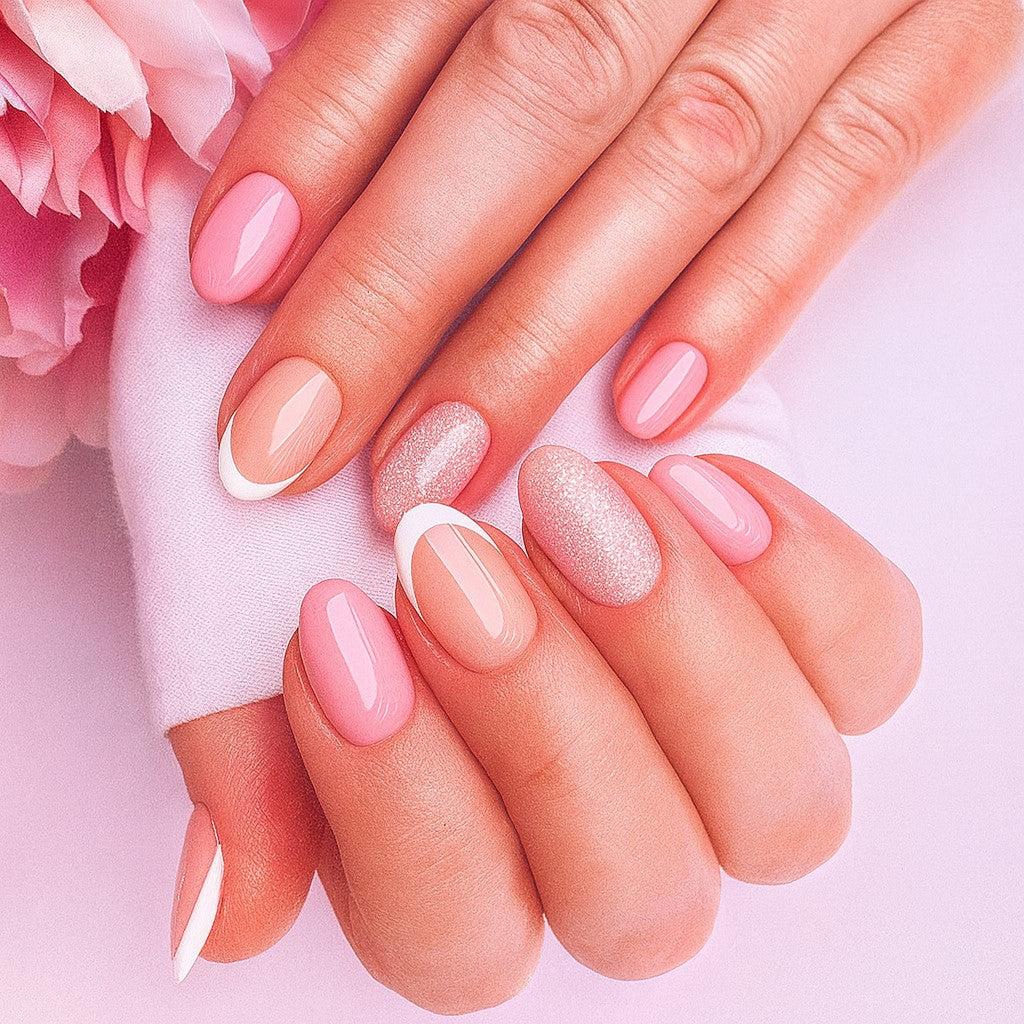 Soft Pink French Tip Oval Press-On Nails – Glossy Glitter Accent Nail Set (Set of 24)