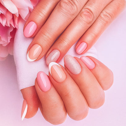 Soft Pink French Tip Oval Press-On Nails – Glossy Glitter Accent Nail Set (Set of 24)