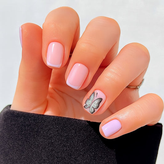 Soft Pink Butterfly Square Press-On Nails – Glossy Short Pastel Nail Set(Set of 24)