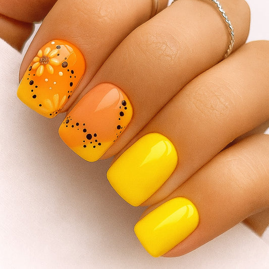 Sunshine Yellow & Orange Floral Square Press-On Nails – Glossy Ombre Daisy Nail Set (Set of 24)