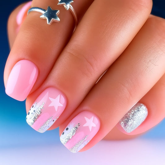 Pink Star Glitter Square Press-On Nails – Glossy Silver Sparkle Nail Set (Set of 24)