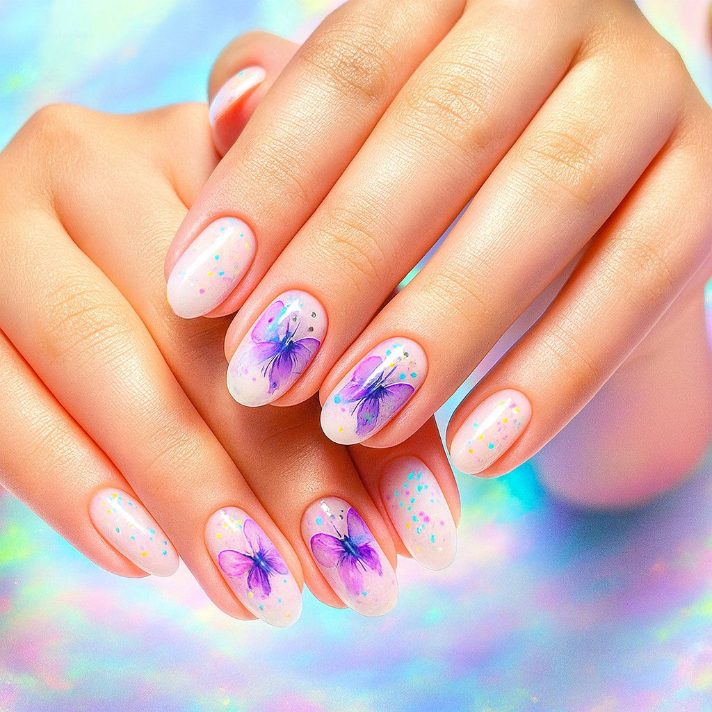 Lavender Butterfly Almond Press-On Nails – Glossy Iridescent Floral Nail Set (Set of 24)