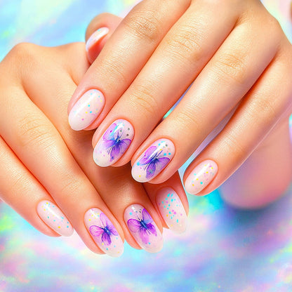 Lavender Butterfly Almond Press-On Nails – Glossy Iridescent Floral Nail Set (Set of 24)