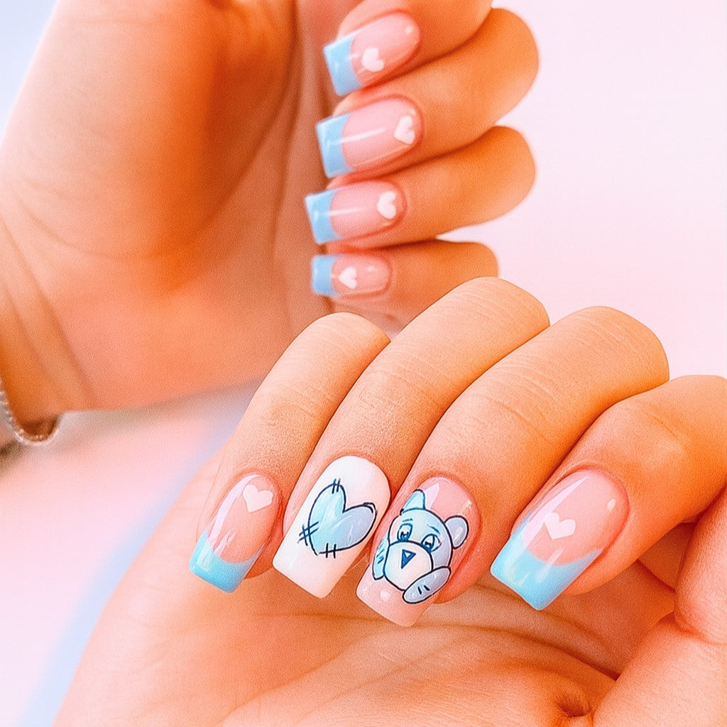 Baby Blue French Tip Square Press-On Nails – Cute Teddy Bear & Heart Nail Set (Set of 24)