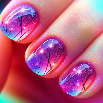 Galaxy Ombre Square Press-On Nails – Purple Pink Aurora Glitter Nail Set (Set of 24)