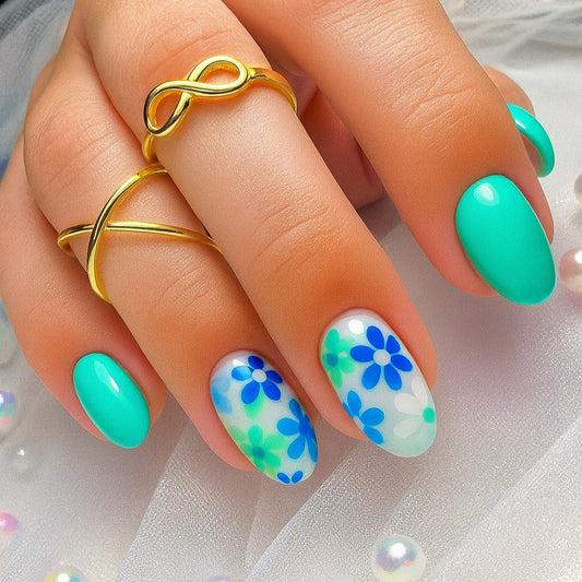 Turquoise Blue Floral Almond Press-On Nails – Glossy Daisy Spring Nail Set (Set of 24)