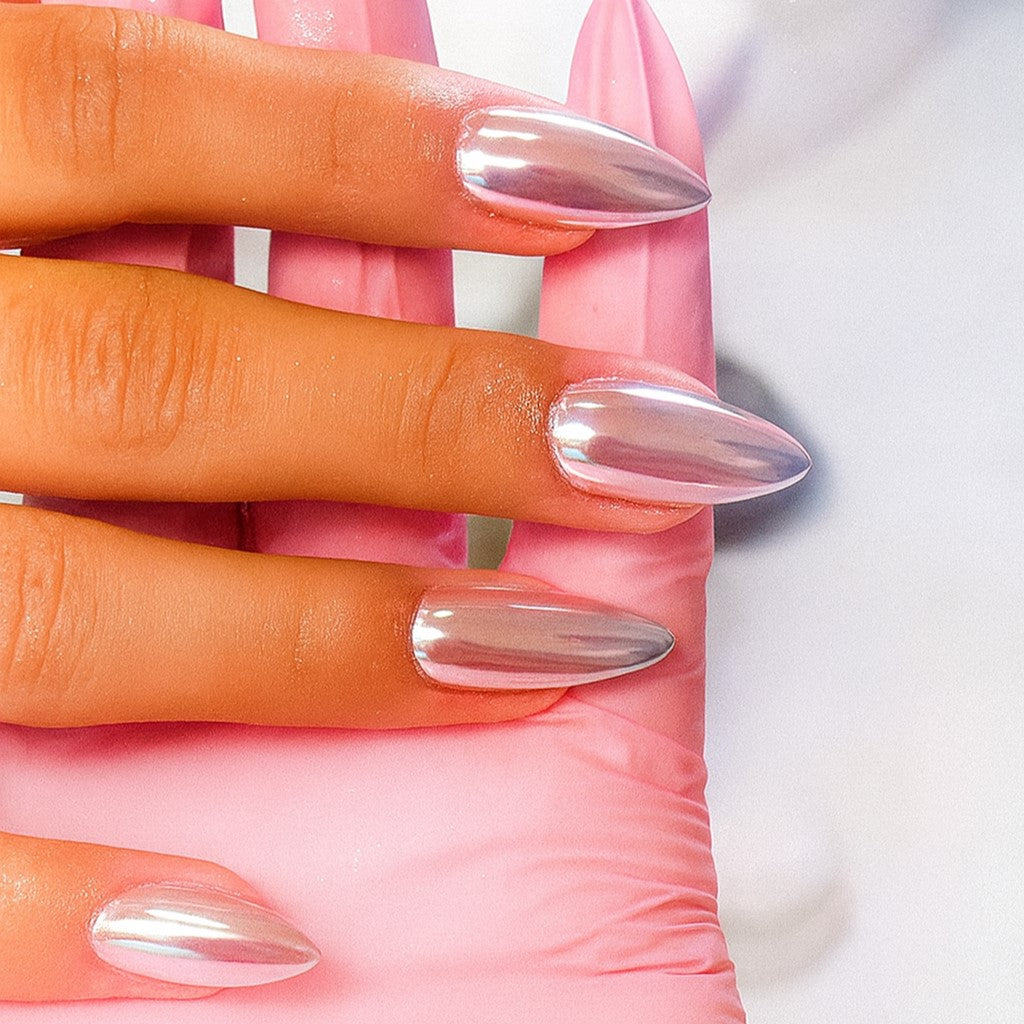 Silver Chrome Almond Press-On Nails – Mirror Metallic Glossy Nail Set (Set of 24)