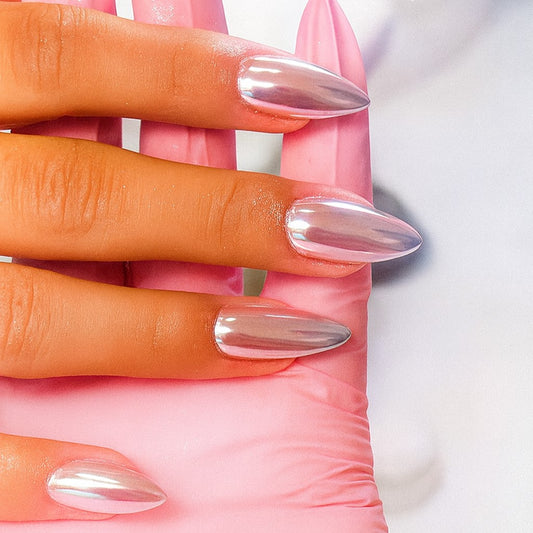 Silver Chrome Almond Press-On Nails – Mirror Metallic Glossy Nail Set (Set of 24)