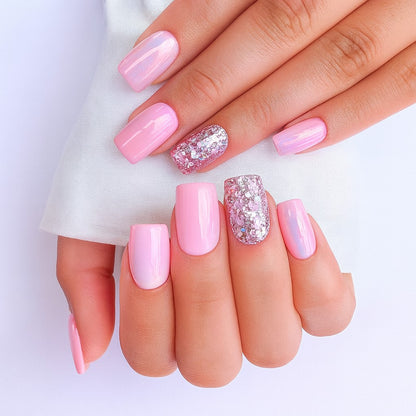 Glossy Pink Glitter Square Press-On Nails – Iridescent Chrome Nail Set (Set of 24)
