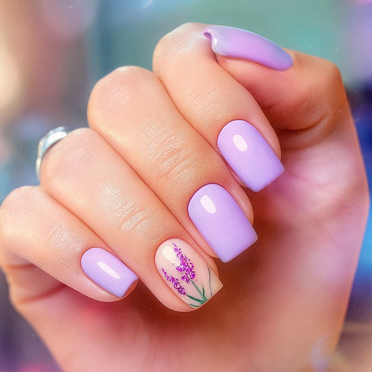 Lavender Floral Square Press-On Nails – Glossy Lilac Botanical Nail Set (Set of 24)