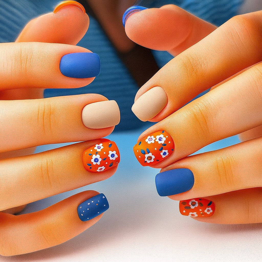 Matte Blue & Orange Floral Square Press-On Nails – Retro Daisy Nail Set (Set of 24)