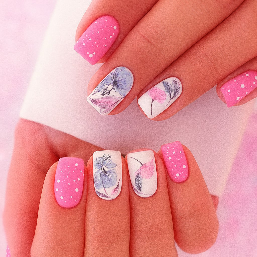 Matte Pink Floral Square Press-On Nails – White Botanical Nail Art Set (Set of 24)