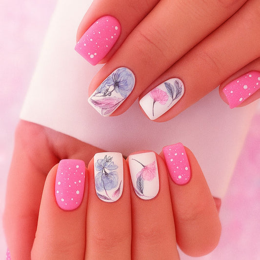 Matte Pink Floral Square Press-On Nails – White Botanical Nail Art Set (Set of 24)