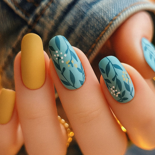 Sage Blue Botanical Press-On Nails – Matte Oval Floral Nail Set (Set of 24)