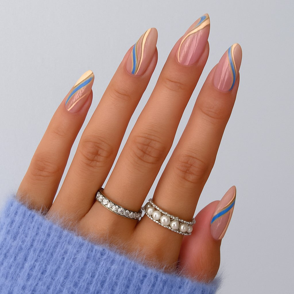 Pastel Blue Swirl Almond Press-On Nails – 24 Piece Glossy Nail Set
