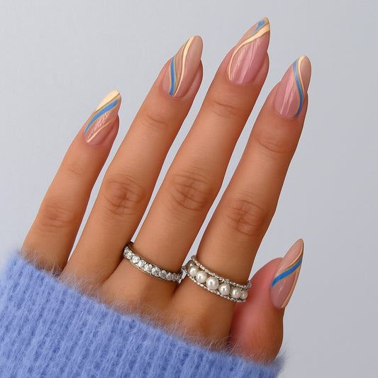 Pastel Blue Swirl Almond Press-On Nails – 24 Piece Glossy Nail Set