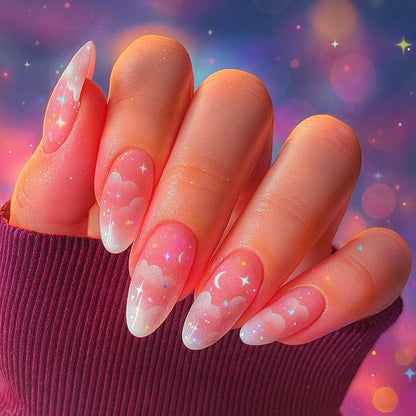 Pink Cloud Almond Press-On Nails – Dreamy Celestial Glitter Nail Set (Set of 24)