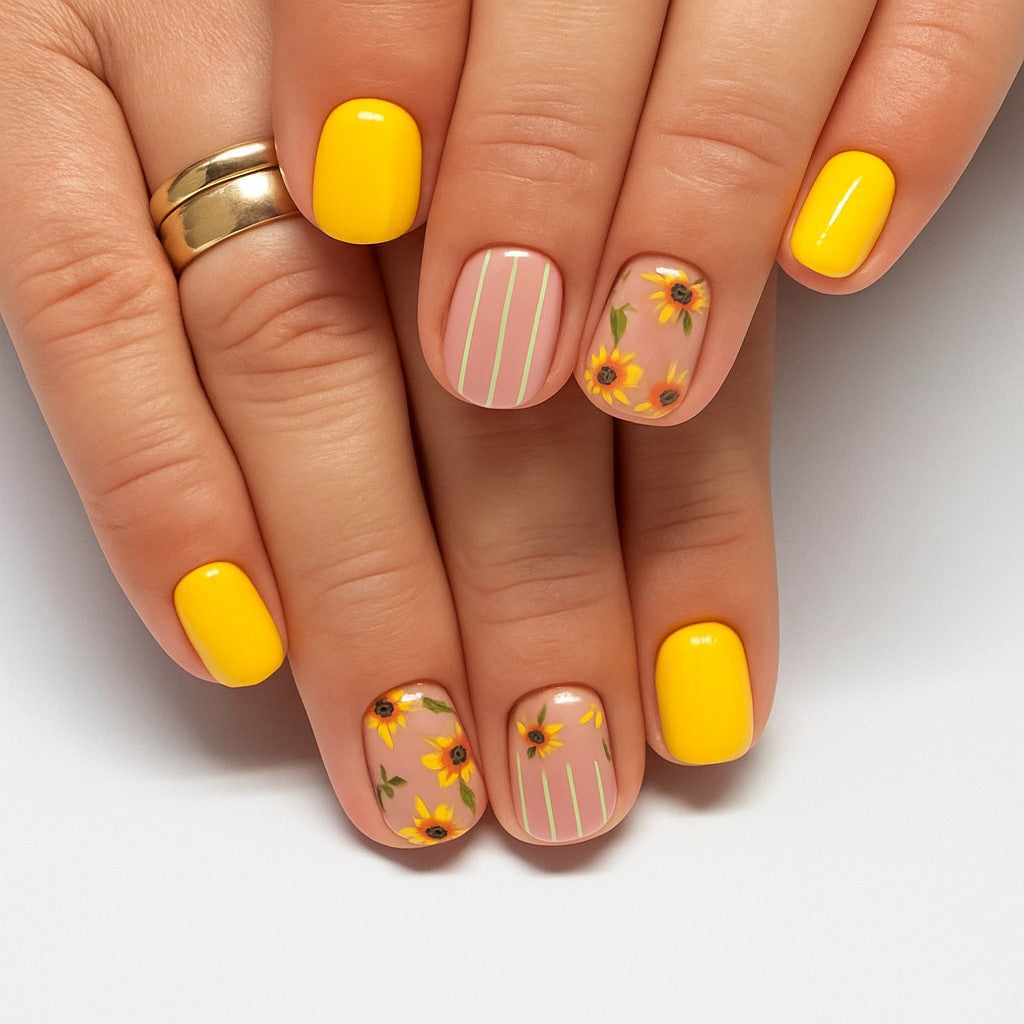Sunny Yellow Sunflower Square Press-On Nails – Glossy Floral Short Nail Set (Set of 24)
