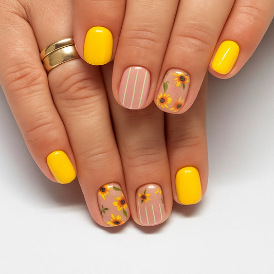Sunny Yellow Sunflower Square Press-On Nails – Glossy Floral Short Nail Set (Set of 24)