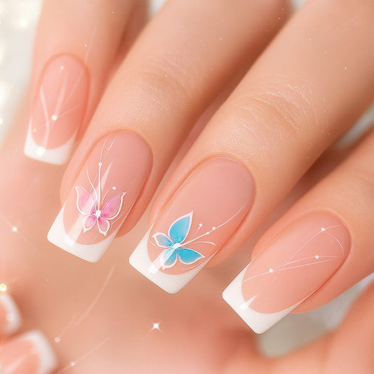 Butterfly French Tip Press-On Nails – Nude Pink Square Nail Set (Set of 24)