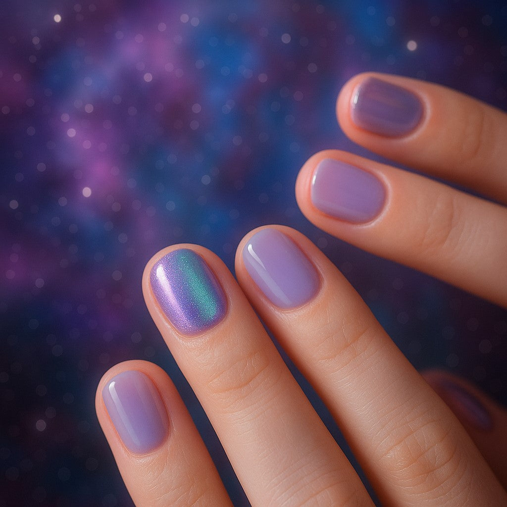 24-Piece Lavender Chrome Press-On Nails – Glossy Short Square False Nails with Aurora Accent | Reusable Stick-On Nail Set