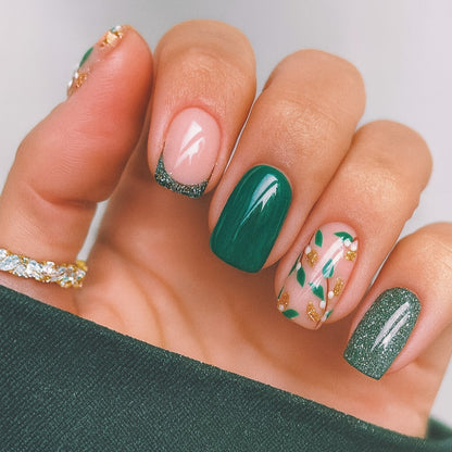 Emerald Green Botanical Press-On Nails – Glitter French Tip Square Nail Set (Set of 24)