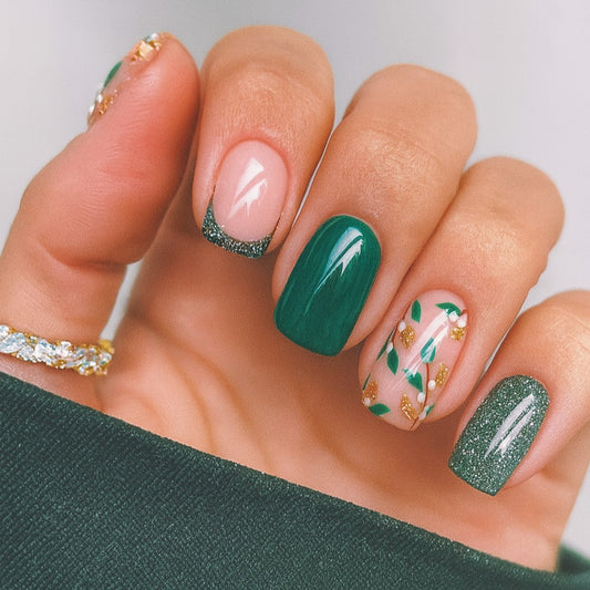Emerald Green Botanical Press-On Nails – Glitter French Tip Square Nail Set (Set of 24)