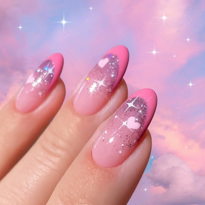 24-Piece Pink Glitter Heart Press-On Nails – Glossy Almond False Nails with Sparkle Ombre Design | Reusable Stick-On Nail Set