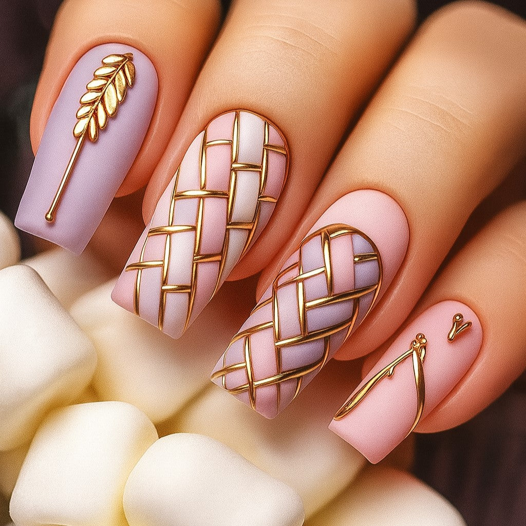 Pastel Pink & Lavender Gold Line Press-On Nails – Long Square Matte Nail Set (Set of 24)