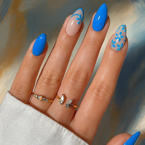 24-Piece Blue Floral Almond Press-On Nails – Glossy French Tip False Nails with Daisy Design | Reusable Stick-On Nail Set