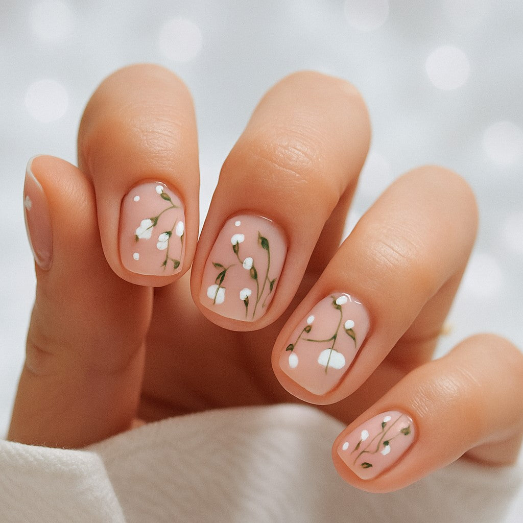 24-Piece Nude Floral Short Square Press-On Nails – Glossy Pink False Nails with White Wildflower Design | Reusable Stick-On Nail Set