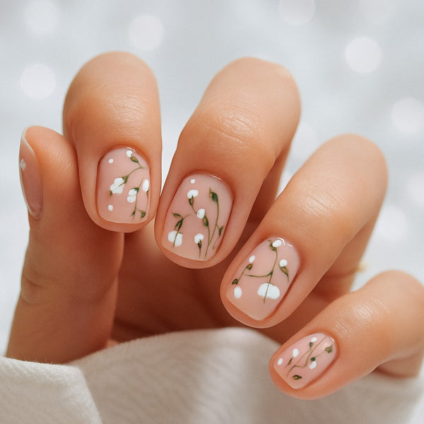 24-Piece Nude Floral Short Square Press-On Nails – Glossy Pink False Nails with White Wildflower Design | Reusable Stick-On Nail Set