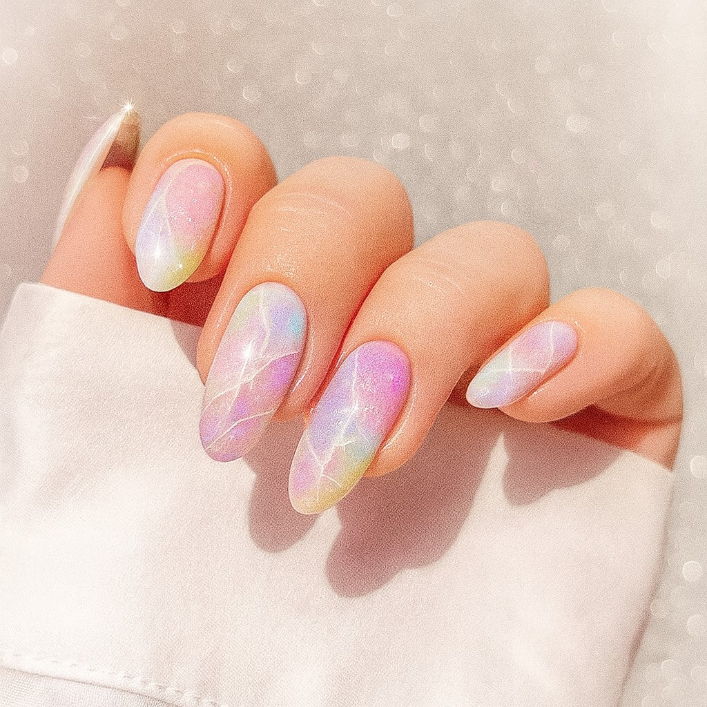 Aurora Pastel Almond Press On Nails – 24 Piece Iridescent Rainbow Marble Set